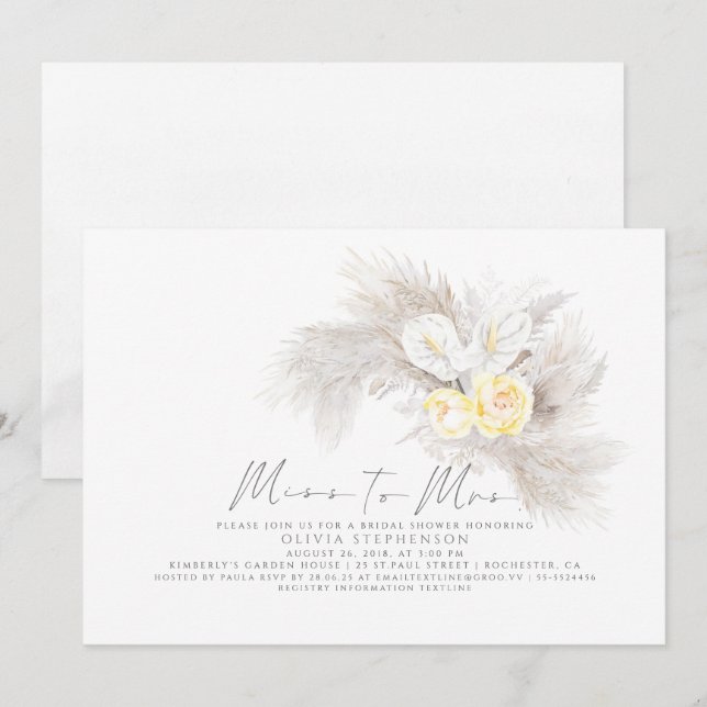 Miss to Mrs Pampas Grass Floral Bridal Shower Invitation (Front/Back)