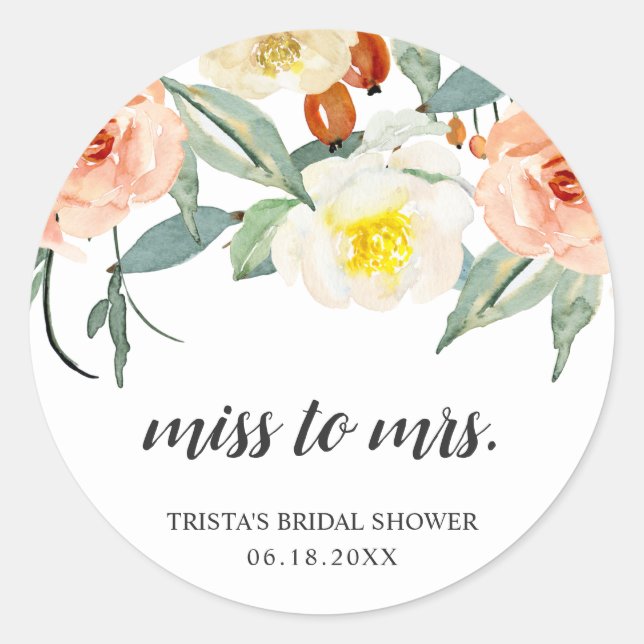 Miss to Mrs Peach Floral Bridal Shower Favour Classic Round Sticker (Front)