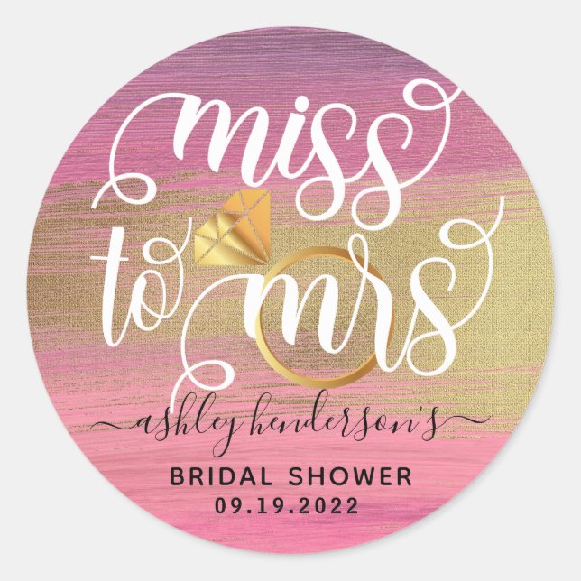 Miss To Mrs Pink And Gold Bridal Shower Classic Round Sticker (Front)