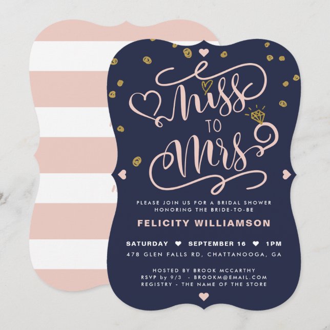 Miss To Mrs Pink Gold & Navy Stripe Bridal Shower Invitation (Front/Back)