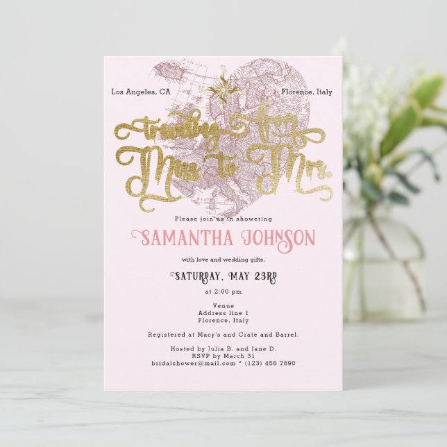 Miss to Mrs Pink ♥ Heart Map Travel Bridal Shower Invitation (Standing Front)