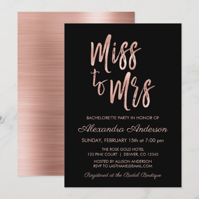 Miss to Mrs Pink Rose Gold Bachelorette Party Invitation (Front/Back)