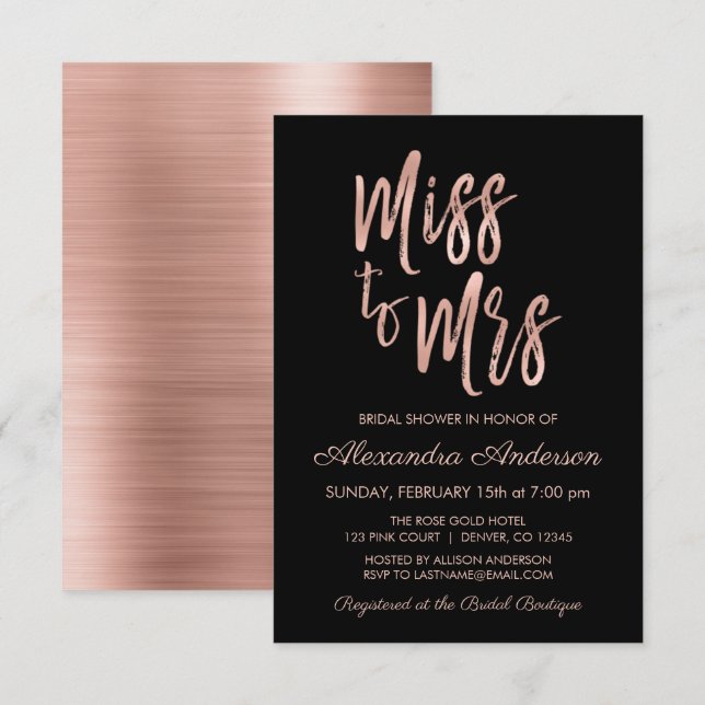 Miss to Mrs Pink Rose Gold Bridal Shower Invitation (Front/Back)