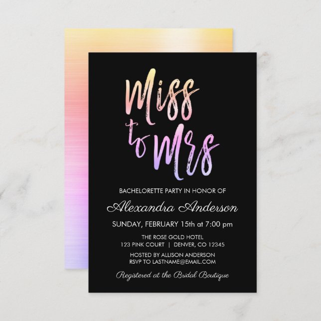 Miss to Mrs Purple Pink Bachelorette Party Invitation (Front/Back)