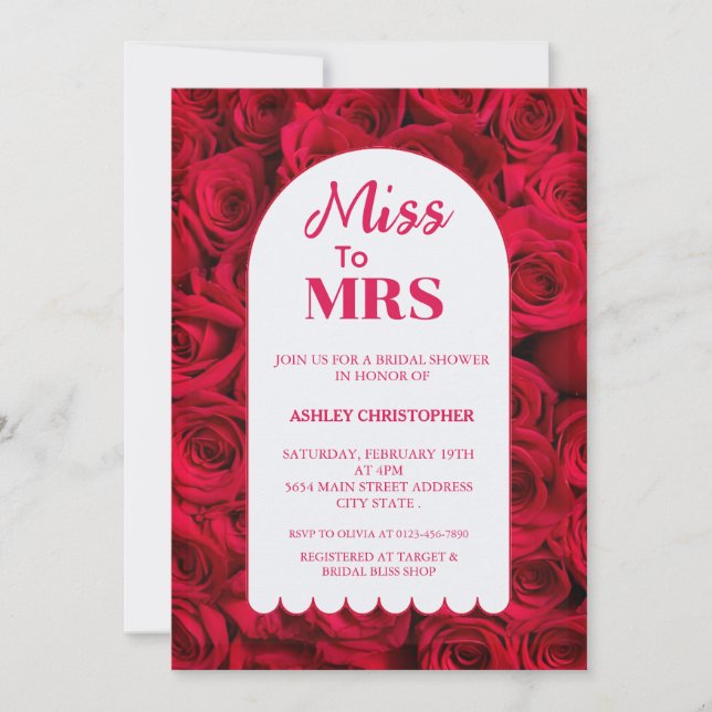 Miss to Mrs Red Roses Arch Bridal Shower  Invitation (Front)