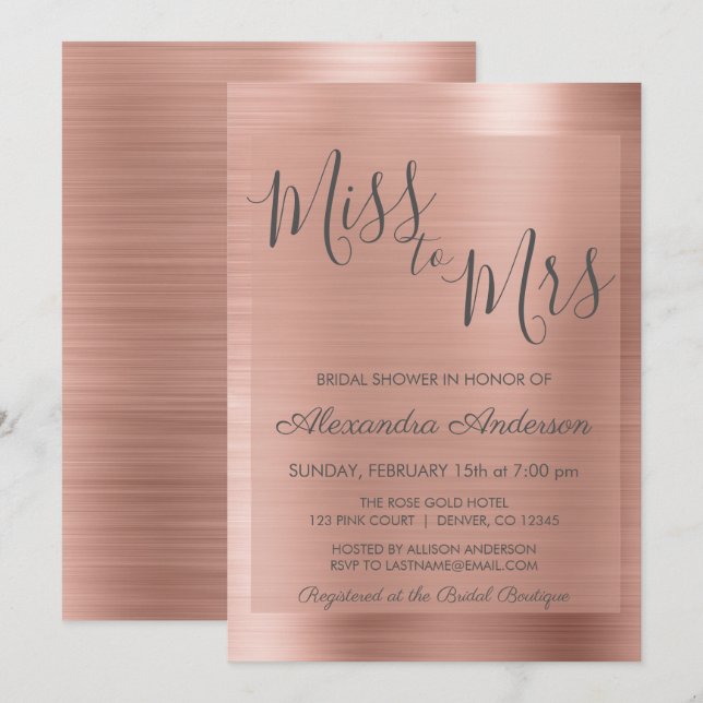 Miss to Mrs Rose Gold | Blush Pink Bridal Shower Invitation (Front/Back)