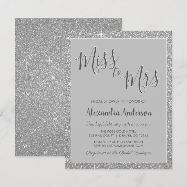 Miss to Mrs Silver Glitter Bridal Shower Invitation (Front/Back)