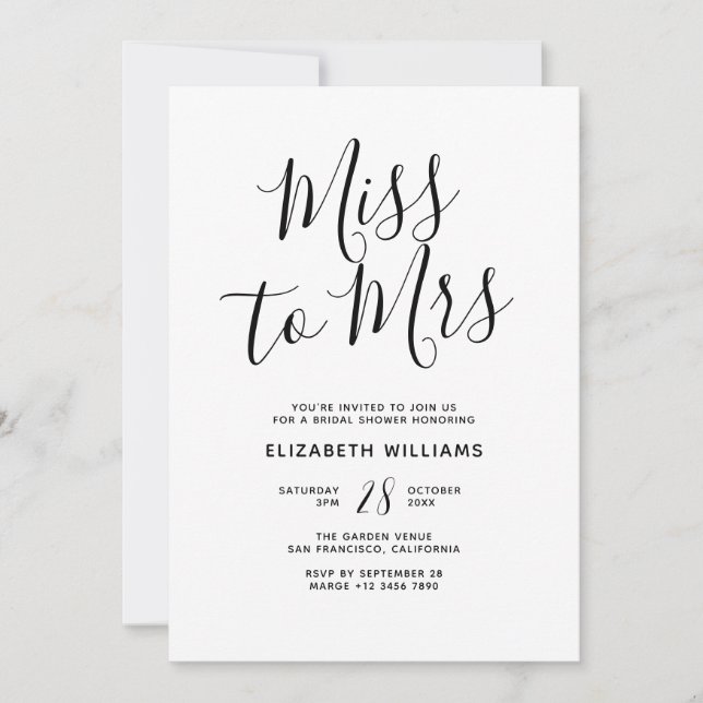 Miss To Mrs Simple Minimalist Bridal Shower Party  Invitation (Front)