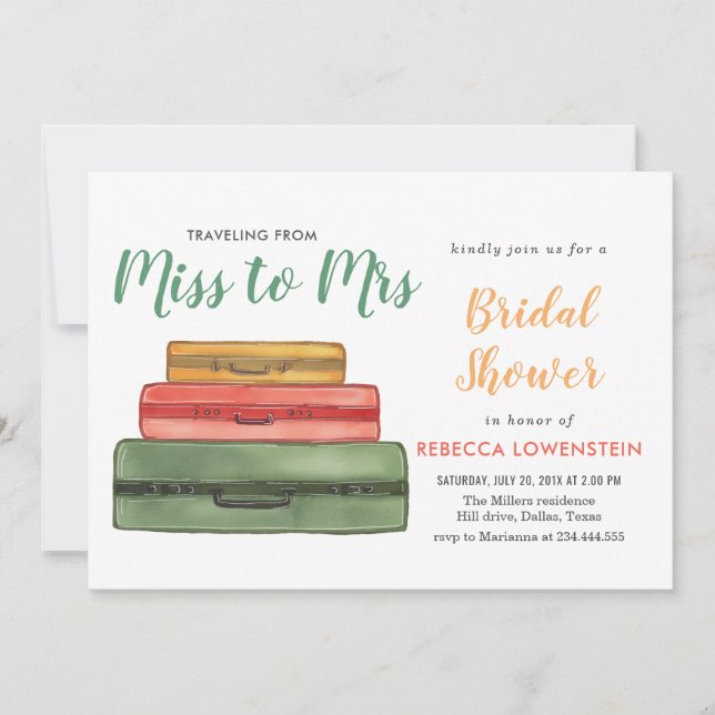 Miss To Mrs Travel Theme Bridal Shower | Suitcase Invitation (Front)