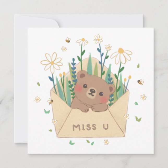 MISS U: Teddy Bear & Flowers in Envelope Card (Front)