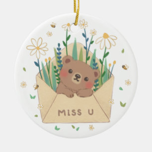 MISS U: Teddy Bear & Flowers in Envelope Ceramic Ornament