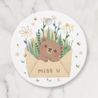 MISS U: Teddy Bear & Flowers in Envelope Favour Tags