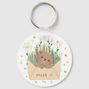 MISS U: Teddy Bear & Flowers in Envelope Keychain