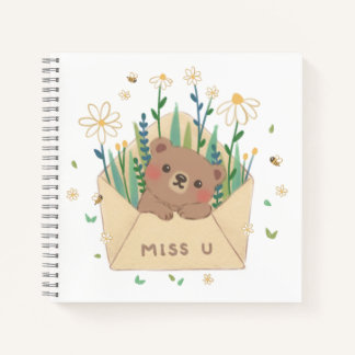 MISS U: Teddy Bear & Flowers in Envelope Notebook