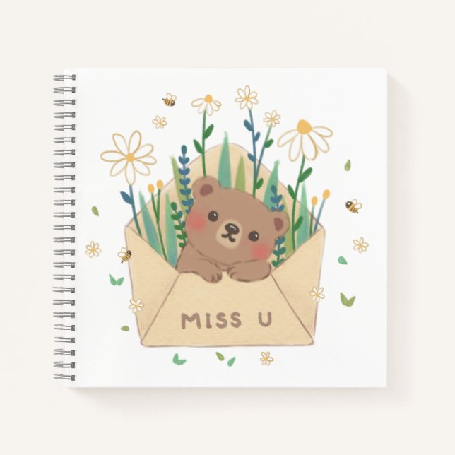 MISS U: Teddy Bear & Flowers in Envelope Notebook (Front)
