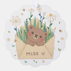MISS U: Teddy Bear & Flowers in Envelope Ornament Card