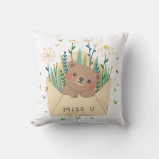 MISS U: Teddy Bear & Flowers in Envelope Throw Pillow