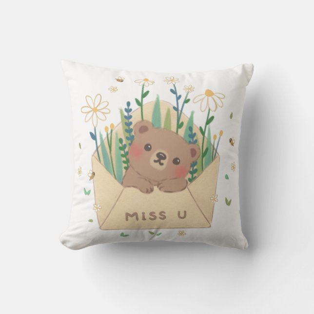 MISS U: Teddy Bear & Flowers in Envelope Throw Pillow (Front)