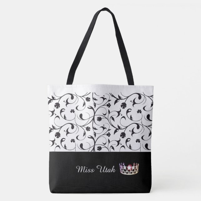 Miss USA Silver Crown Tote Bag-BLK Scroll (Front)
