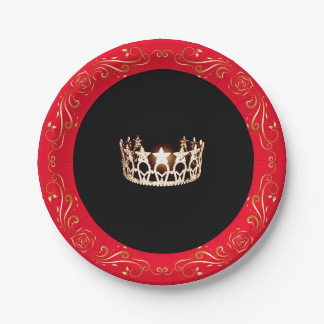 Miss USA style Red Gold Crown 7" Paper Plates (Front)