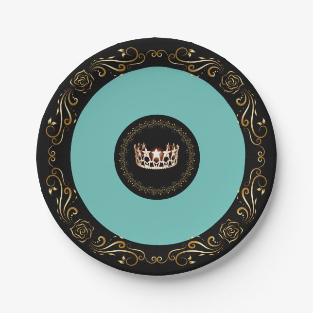 Miss USA Turquoise Gold Crown 7" Paper Plates (Front)