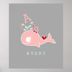 Miss Whale Red Bow Monogram Girl Nursery Wall Art