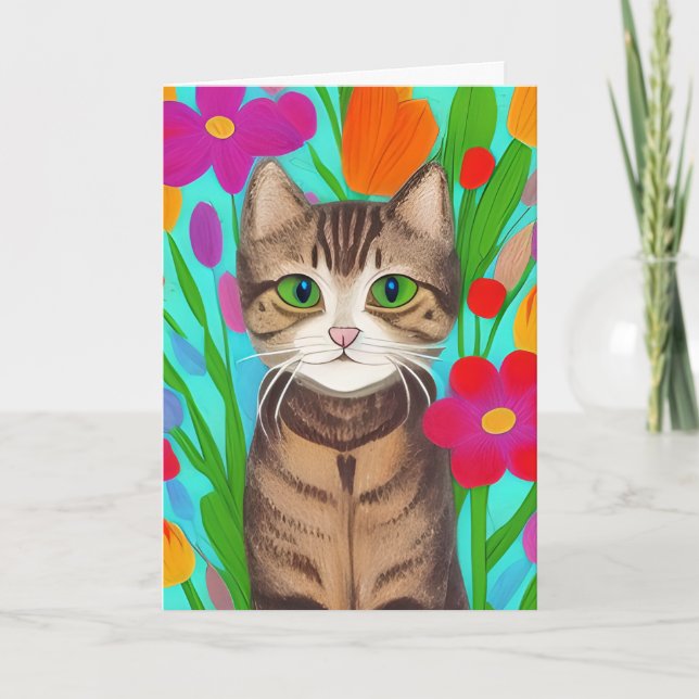 Miss You Cute Grey Cat with Colourful Flowers Card (Front)