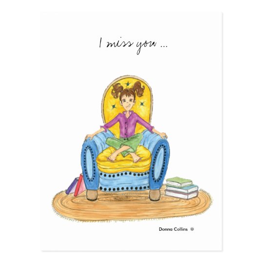Miss you girl in blue chair postcard