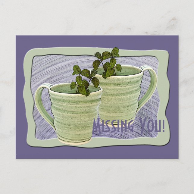 Miss You Green Mugs Mint Sprigs Photo Custom Postcard (Front)