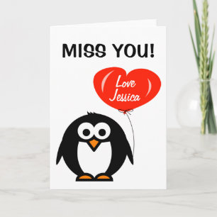 Miss you greeting card   penguin with red balloon