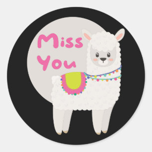 Miss you Kawaii funny white llama with pink text Classic Round Sticker