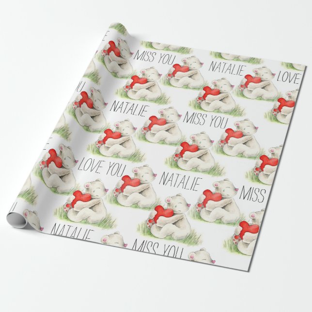 Miss you personalized bear heart watercolor art wrapping paper (Unrolled)