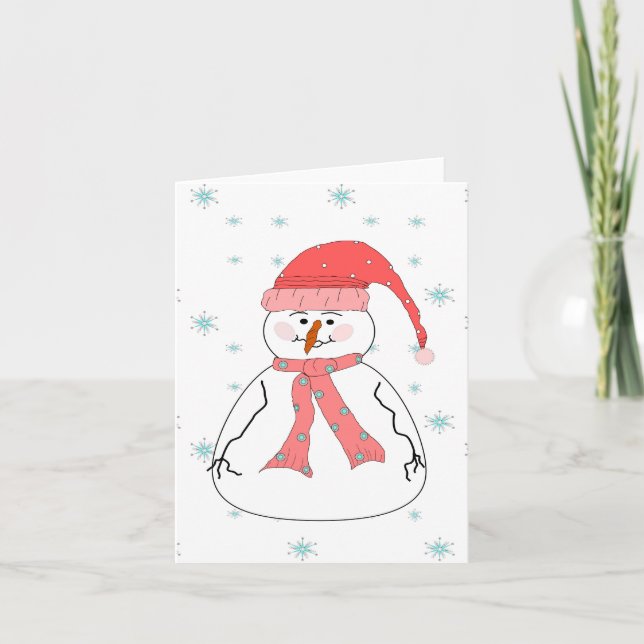 Misses Snowman Snowing Whimsical  Primitive Art Holiday Card (Front)