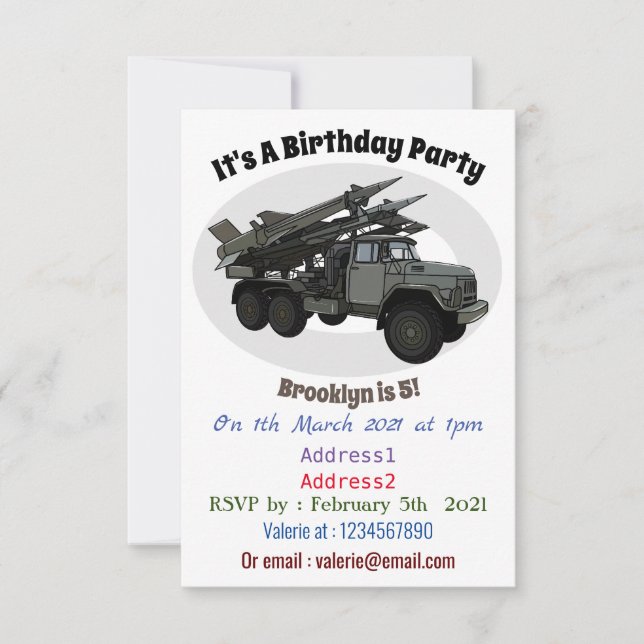 Missile vehicle cartoon illustration invitation (Front)
