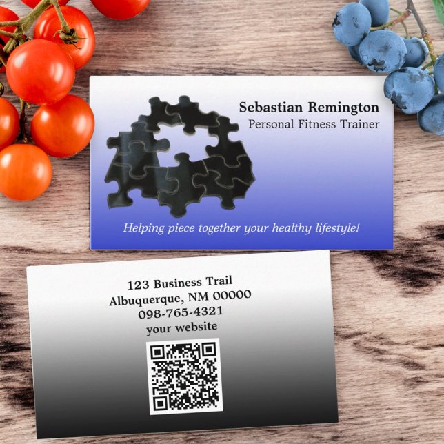 Missing Black Puzzle Piece Blue Ombre Business Card (front and back template with QR code designed business card)