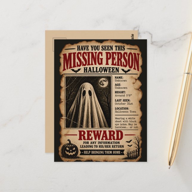 Missing Person Ghost Halloween Postcard (Front/Back In Situ)