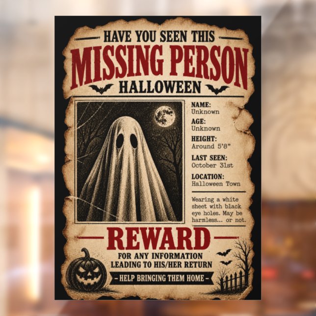 Missing Person Ghost Halloween Window Cling (Sheet 2)