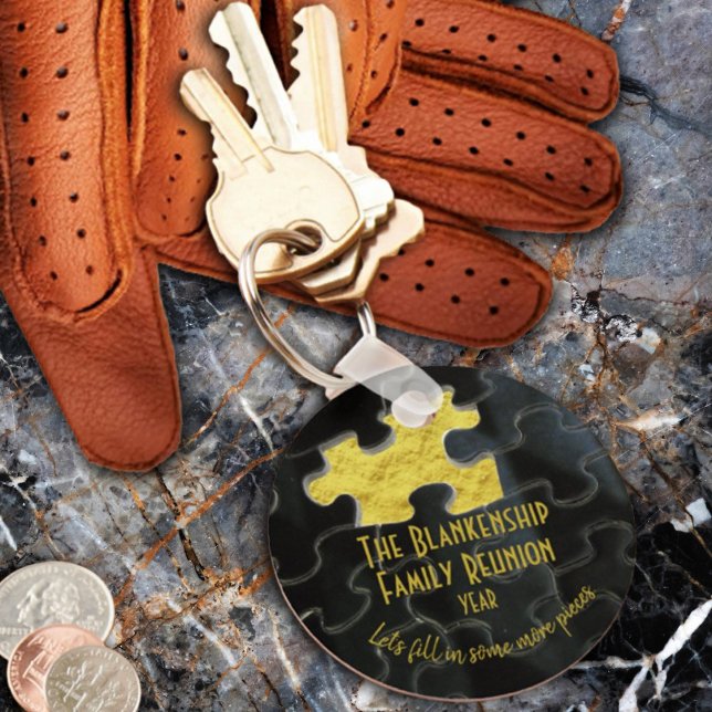 Missing Puzzle Piece Black Gold Family Reunion Keychain (Send the relatives home with a useful custom keepsake keyring of the recent family reunion.)