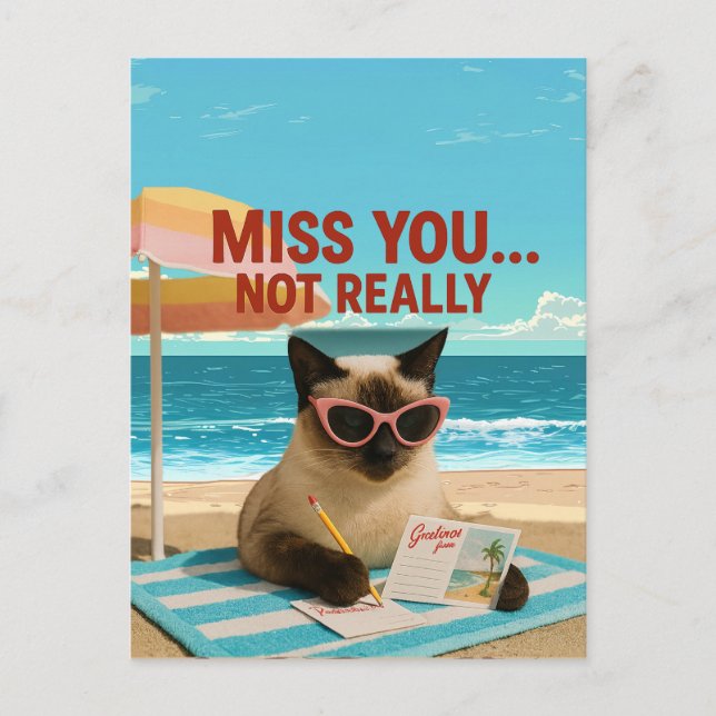 Missing You Cat is on the beach postcard (Front)