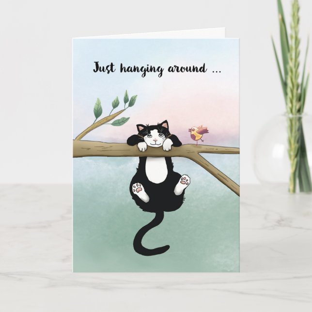 Missing You Hanging Around Cute Cat with Bird Card (Front)