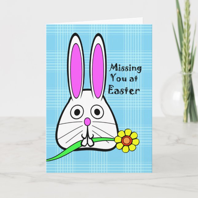 Missing You on Easter, Cute Rabbit with Flower Holiday Card (Front)