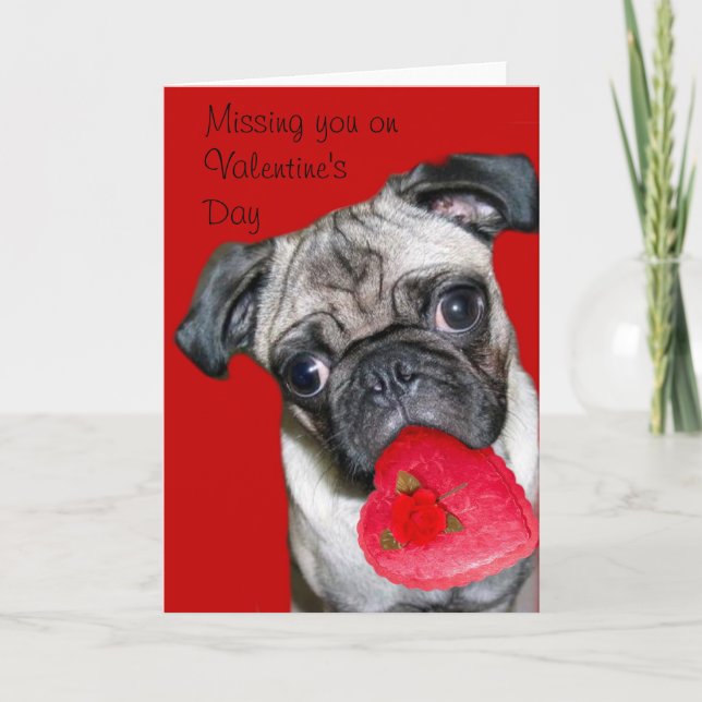 Missing you on Valentine's Day pug greeting card (Front)