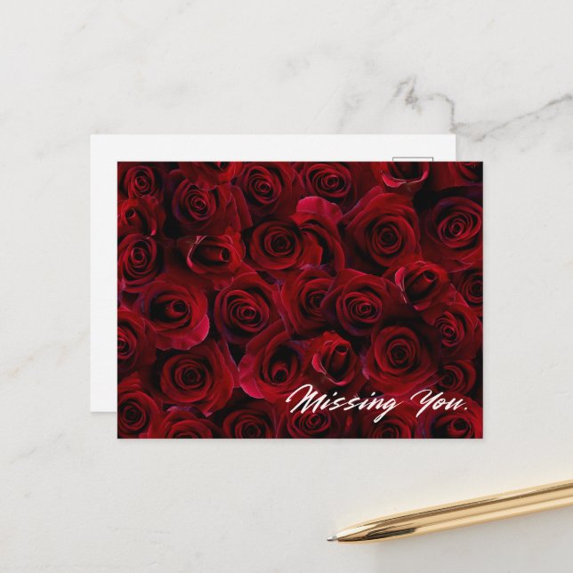 "Missing You" postcard with beautiful red roses (Front/Back In Situ)