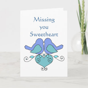 Missing You Sweetheart Blue Lovebirds Floral Heart Card