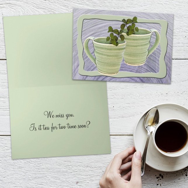 Missing You Tea Time Green Mugs Mint Sprigs Photo Card (Creator Uploaded)