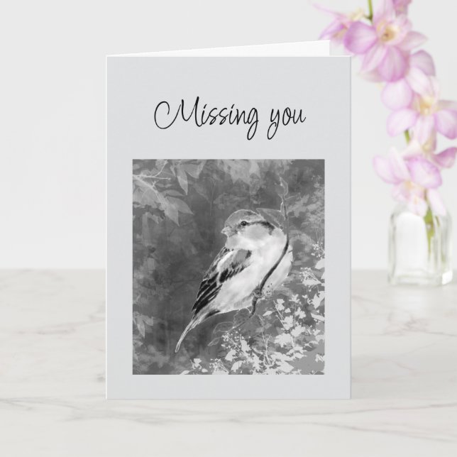 Missing you Watercolor Sparrow Bird in Forest Card (Orchid)