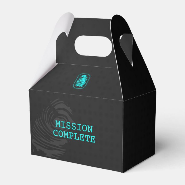 MISSION COMPLETE Teal and Black Spy Party Favor Box (Front Side)