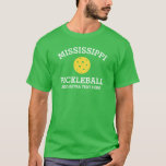 Mississippi Pickleball Club Partner Name Custom T-Shirt<br><div class="desc">Show off your love of Mississippi pickleball (easily change state name and shirt colour) with this awesome pickleball shirt for clubs, teams, partners or everyday court wear. Just add your 3 lines of custom text to make a totally unique pickleball shirt. Great for tournaments, matching club shirts or to give...</div>