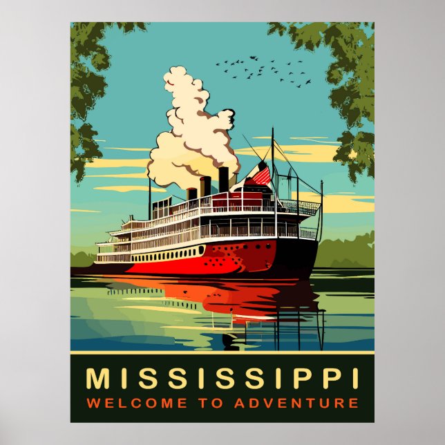 Mississippi, Steamboat Cruiser, Vintage Travel Poster (Front)