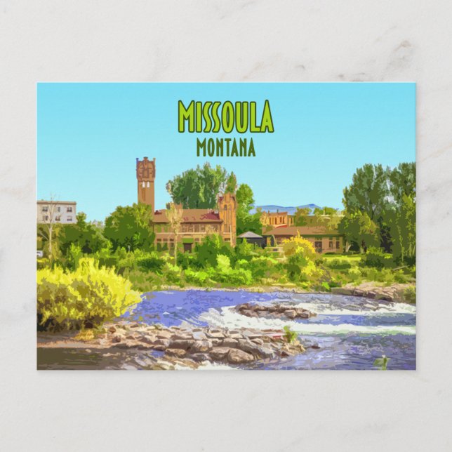 Missoula Montana Downtown River Vintage Postcard (Front)
